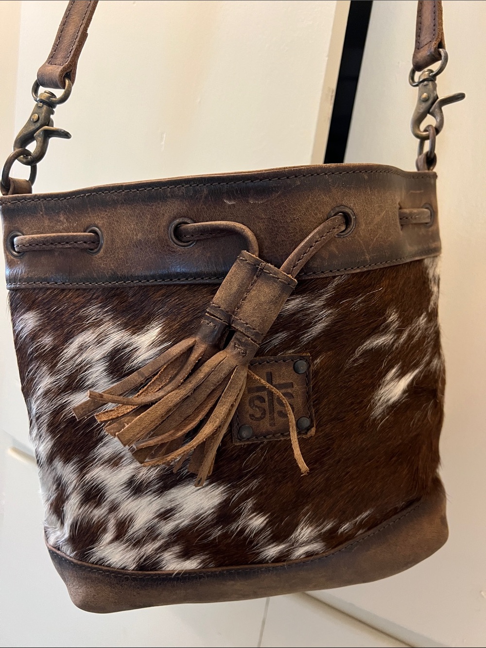 STS Ranch Leather With Bovine Fur Bucket Handbag